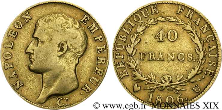 40 francs or Napoléon tête nue, calendrier grégorien 1806 Turin F.538/4 S 