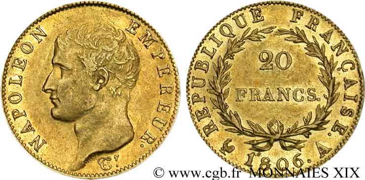 20 francs Napoléon tête nue, calendrier grégorien 1806 Paris F.513/1 VZ 