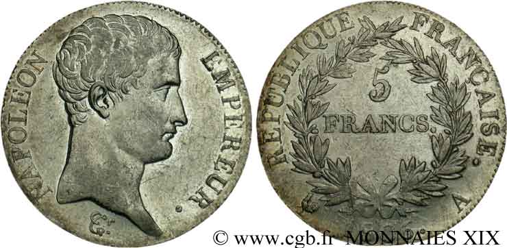 5 francs Napoléon empereur, calendrier grégorien 1806 Paris F.304/1 MBC 