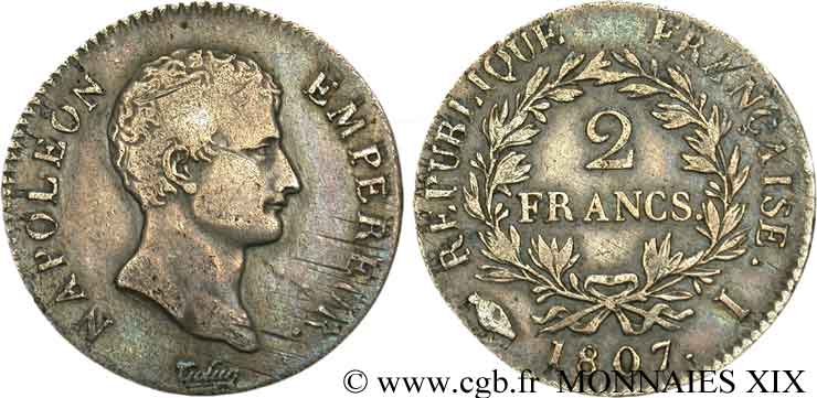 2 francs Napoléon empereur, calendrier grégorien 1807 Limoges F.252/9 TB 