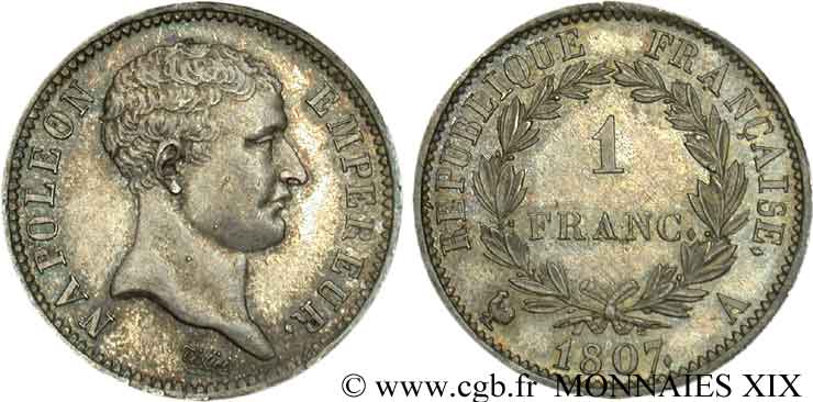 1 franc Napoléon empereur, “tête de nègre” 1807 Paris F.203/1 SPL 