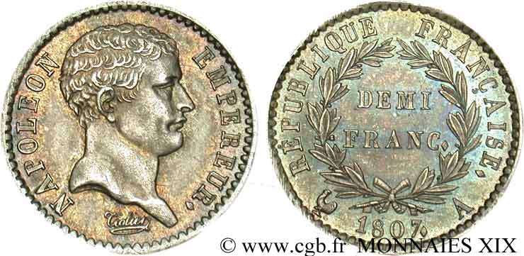 Demi-franc Napoléon empereur, “tête de nègre” 1807 Paris F.176/1 SUP 