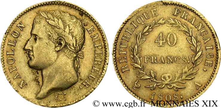 40 francs Napoléon Ier tête laurée, République française 1808 Paris F.540/2 MBC 