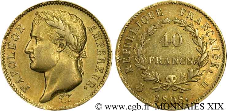 40 francs or Napoléon tête laurée, République française 1808 La Rochelle F.540/3 MBC 