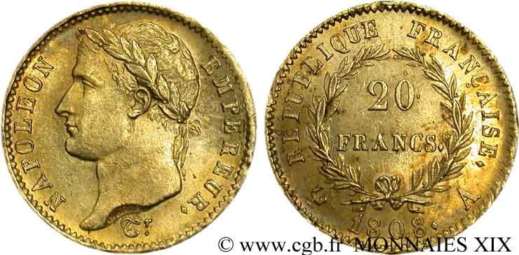 20 francs Napoléon tête laurée, République française 1808 Paris F.515/2 EBC 