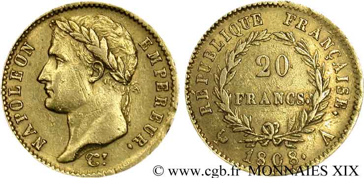 20 francs Napoléon tête laurée, République française 1808 Paris F.515/2 TTB 