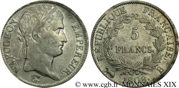 5 francs Napoléon empereur, République française 1808 Rouen F.306/3 XF 