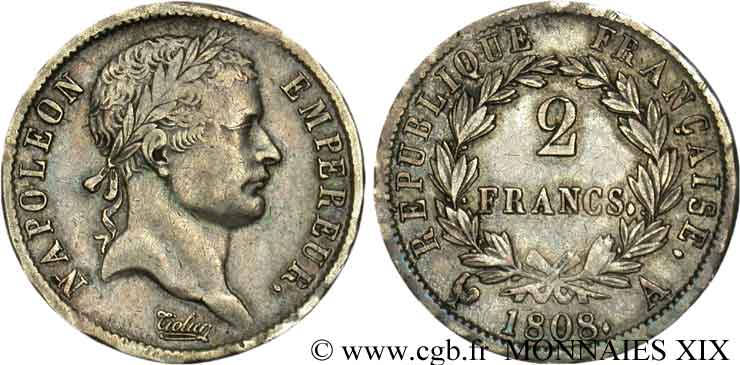 2 francs Napoléon Ier tête laurée, République française 1808 Paris F.254/4 MBC 