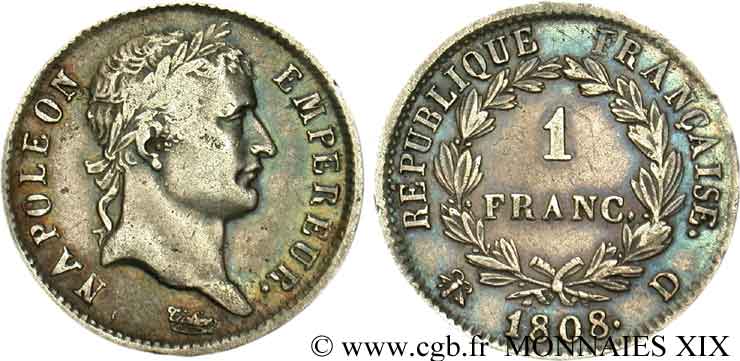 1 franc Napoléon Ier tête laurée, République française 1808 Lyon F.204/5 BC 