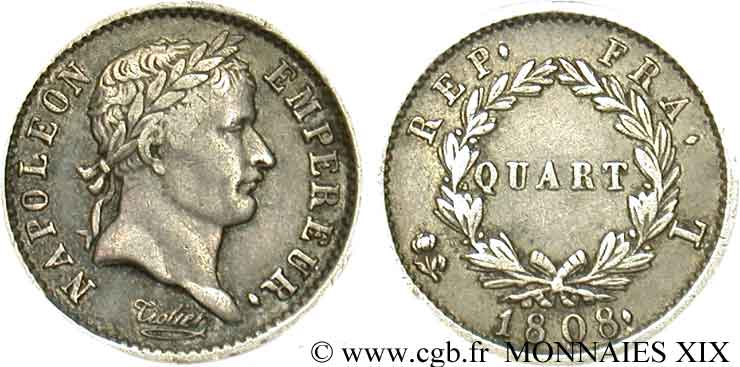 Quart de franc Napoléon Ier tête laurée, république française 1808 Bayonne F.161/4 BB 