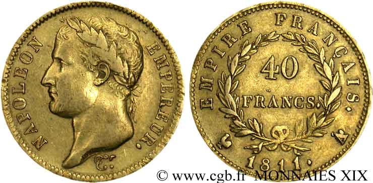 40 francs or Napoléon tête laurée, Empire français, A sur Coq 1811 Paris F.541/7 TTB 