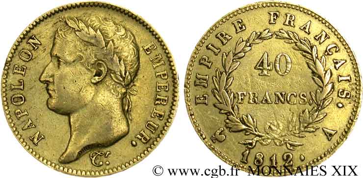 40 francs or Napoléon tête laurée, Empire français 1812 Paris F.541/9 XF 