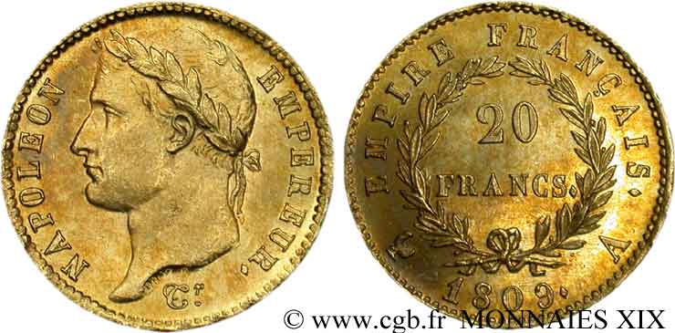 20 francs or Napoléon, tête laurée, Empire français 1809 Paris F.516/1 MS 