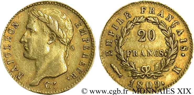 20 francs or Napoléon, tête laurée, Empire français 1809 Bordeaux F.516/3 MBC 
