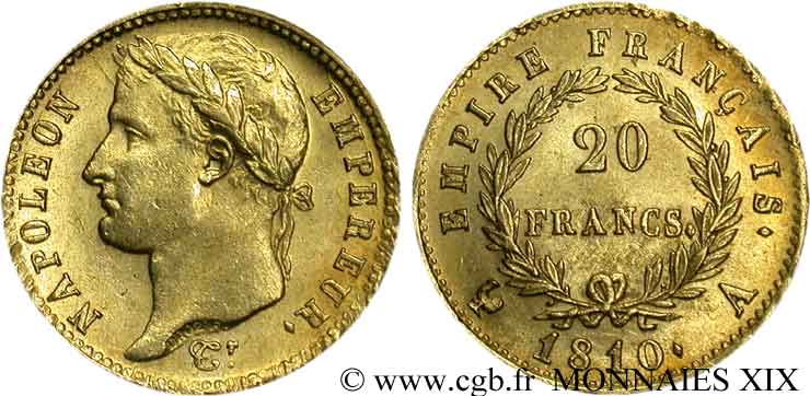 20 francs or Napoléon, tête laurée, Empire français 1810 Paris F.516/8 VZ 