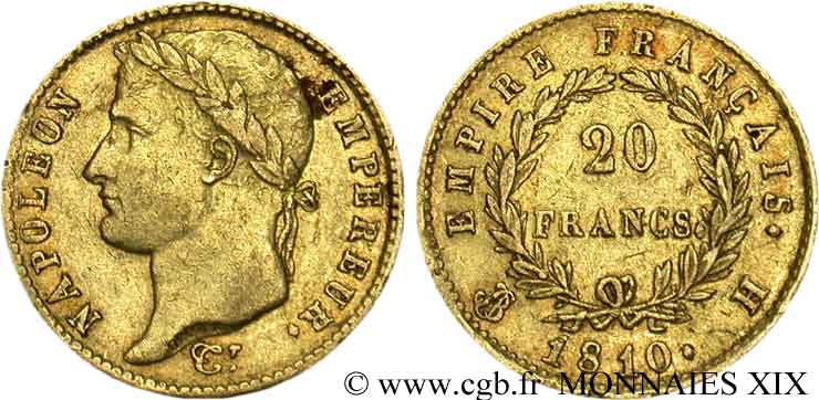 20 francs or Napoléon, tête laurée, Empire français 1810 La Rochelle F.516/10 TTB 