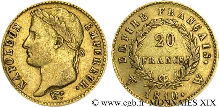 20 francs or Napoléon, tête laurée, Empire français 1810 Lille F.516/15 XF 