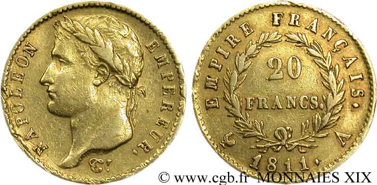 20 francs or Napoléon, tête laurée, Empire français 1811 Paris F.516/16 XF 