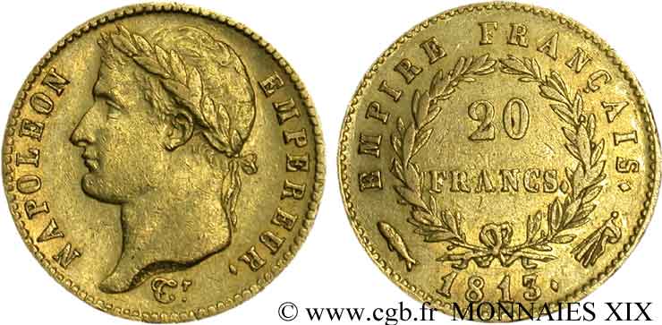 20 francs or Napoléon, tête laurée, Empire français 1813 Utrecht F.516/37 BB 