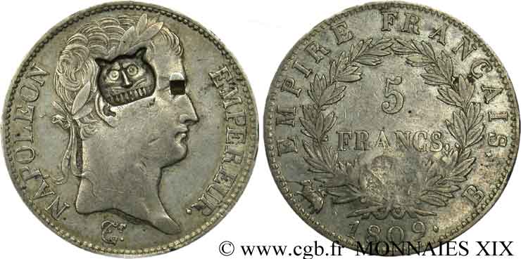 5 francs Napoléon empereur, Empire français, contremarque à la “chouette” 1809 Rouen F.307/2 XF 