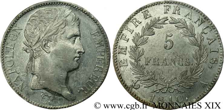 5 francs Napoléon empereur, Empire français 1810 Paris F.307/14 SPL 