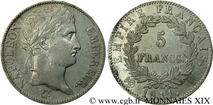 5 francs Napoléon empereur, Empire français 1811 La Rochelle F.307/31 XF 
