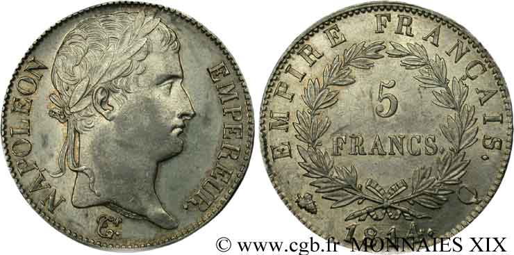5 francs Napoléon empereur, Empire français 1814 Perpignan F.307/84 EBC 