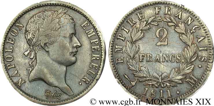 2 francs Napoléon Ier tête laurée, Empire français 1811 Toulouse F.255/32 SS 