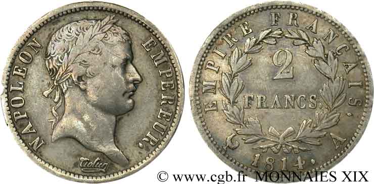 2 francs Napoléon Ier tête laurée, Empire français 1814 Paris F.255/67 MBC 