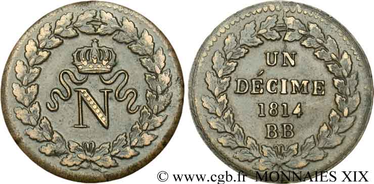 Un décime à l’N couronnée 1814 Strasbourg F.131/1 TTB 