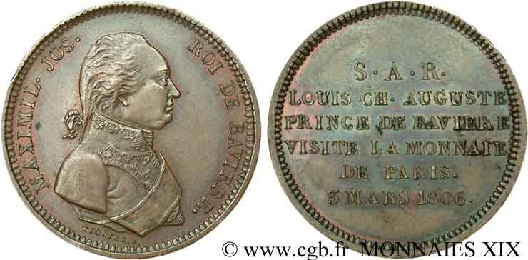 Monnaie de visite au module de 2 francs pour Maximilien de Bavière, refrappe postérieure 1806  VG.1506  SPL 