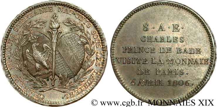 Monnaie de visite, module de 2 francs pour Charles de Bade 1806 Paris VG.1508  VZ 