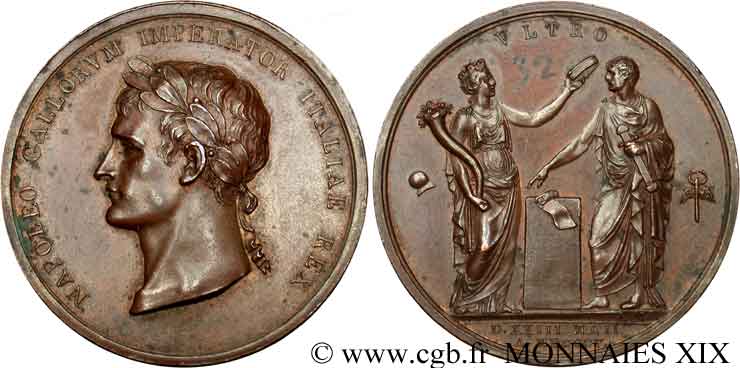 PRIMER IMPERIO Médaille Br 42, Napoléon Ier couronné roi d Italie EBC
