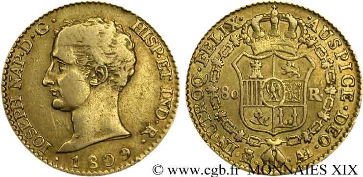 80 réaux en or, 1er type 1809 Madrid VG.2060  BB 