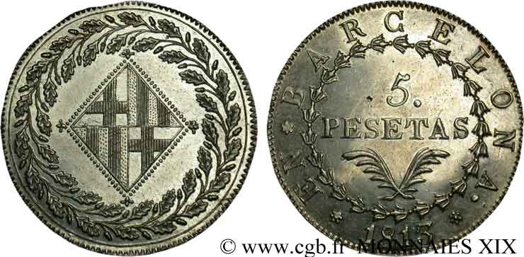 5 pesetas 1813 Barcelone VG.2089  EBC 
