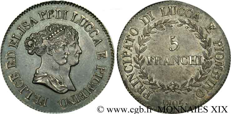 ITALIA - PRINCIPADO DE LUCCA Y PIOMBINO - FELICE BACCIOCHI Y ELISA BONAPARTE 5 franchi, petits bustes 1805 Florence EBC 