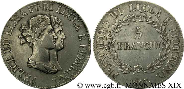 ITALY - PRINCIPALTY OF LUCCA AND PIOMBINO - FELIX BACCIOCHI AND ELISA BONAPARTE 5 franchi, moyens bustes 1807 Florence XF 