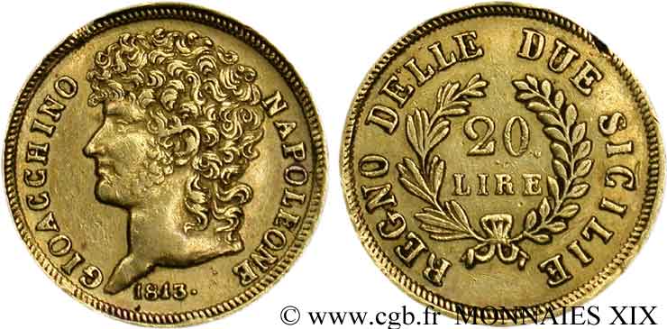 20 lires en or, branches courtes 1813 Naples VG.2253  MBC 