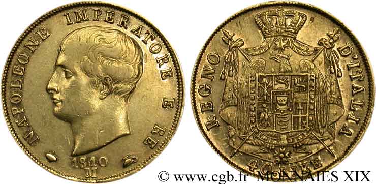 40 lires en or, 2e type, tranche en creux 1810/09 Milan VG.1345  TTB 
