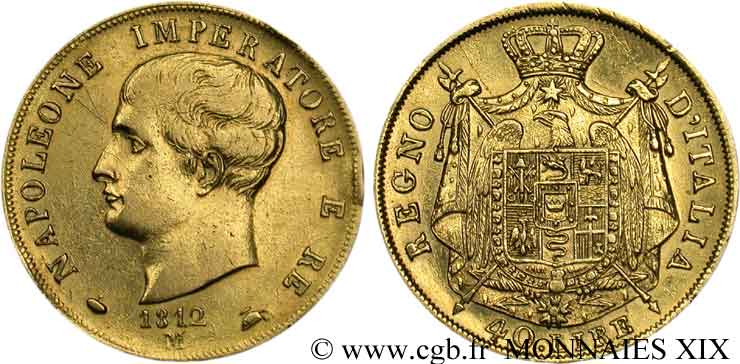 40 lires en or, 2e type, tranche en creux 1812 Milan VG.1370  TTB 
