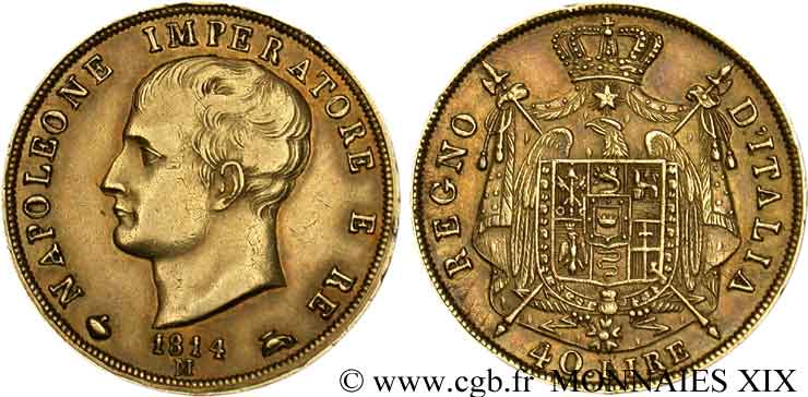 40 lires en or, 2e type, tranche en creux 1814 Milan VG.1394  MBC 