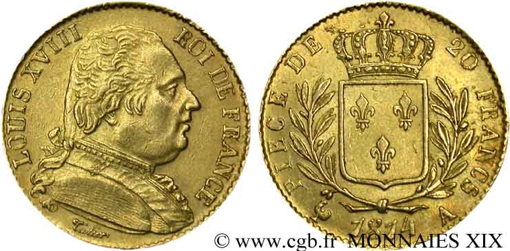 20 francs or Louis XVIII, buste habillé 1814 Paris F.517/1 VZ 