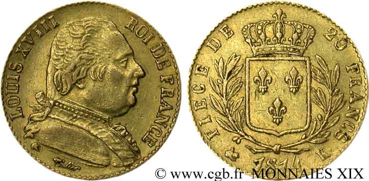 20 francs or Louis XVIII, buste habillé 1814 Bordeaux F.517/3 MBC 