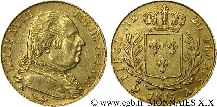 20 francs or Louis XVIII, buste habillé 1815 Paris F.517/10 SS 