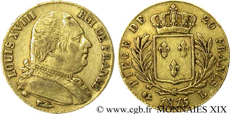 20 francs or Louis XVIII, buste habillé 1815 Bayonne F.517/14 MB 