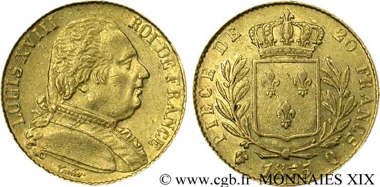 20 francs or Louis XVIII, buste habillé 1815 Perpignan F.517/16 XF 