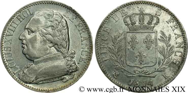 5 francs Louis XVIII, buste habillé 1814 Bordeaux F.308/7 SUP 