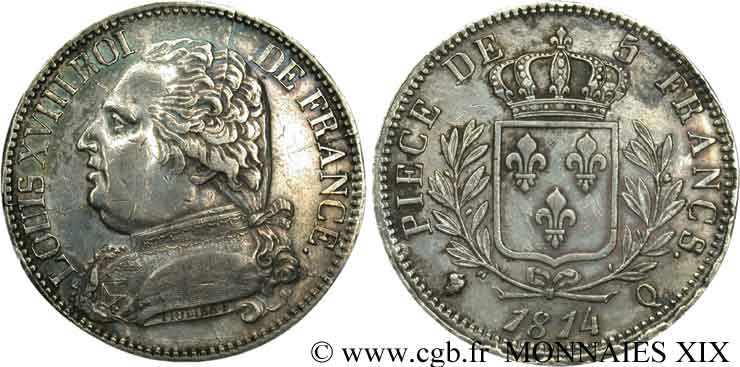 5 francs Louis XVIII, buste habillé 1814  Perpignan F.308/11 TTB 