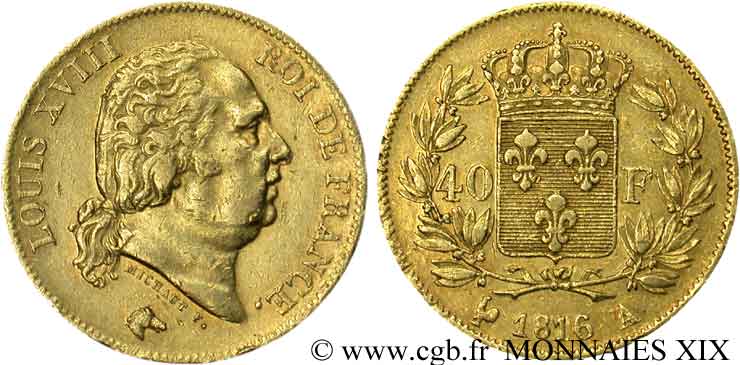 40 francs or Louis XVIII 1816 Paris F.542/1 BB 