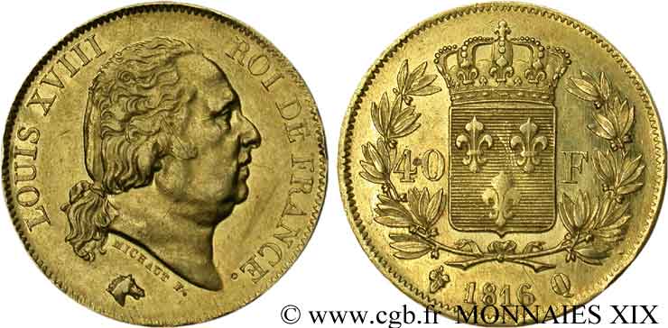 40 francs or Louis XVIII 1816 Perpignan F.542/4 MBC 